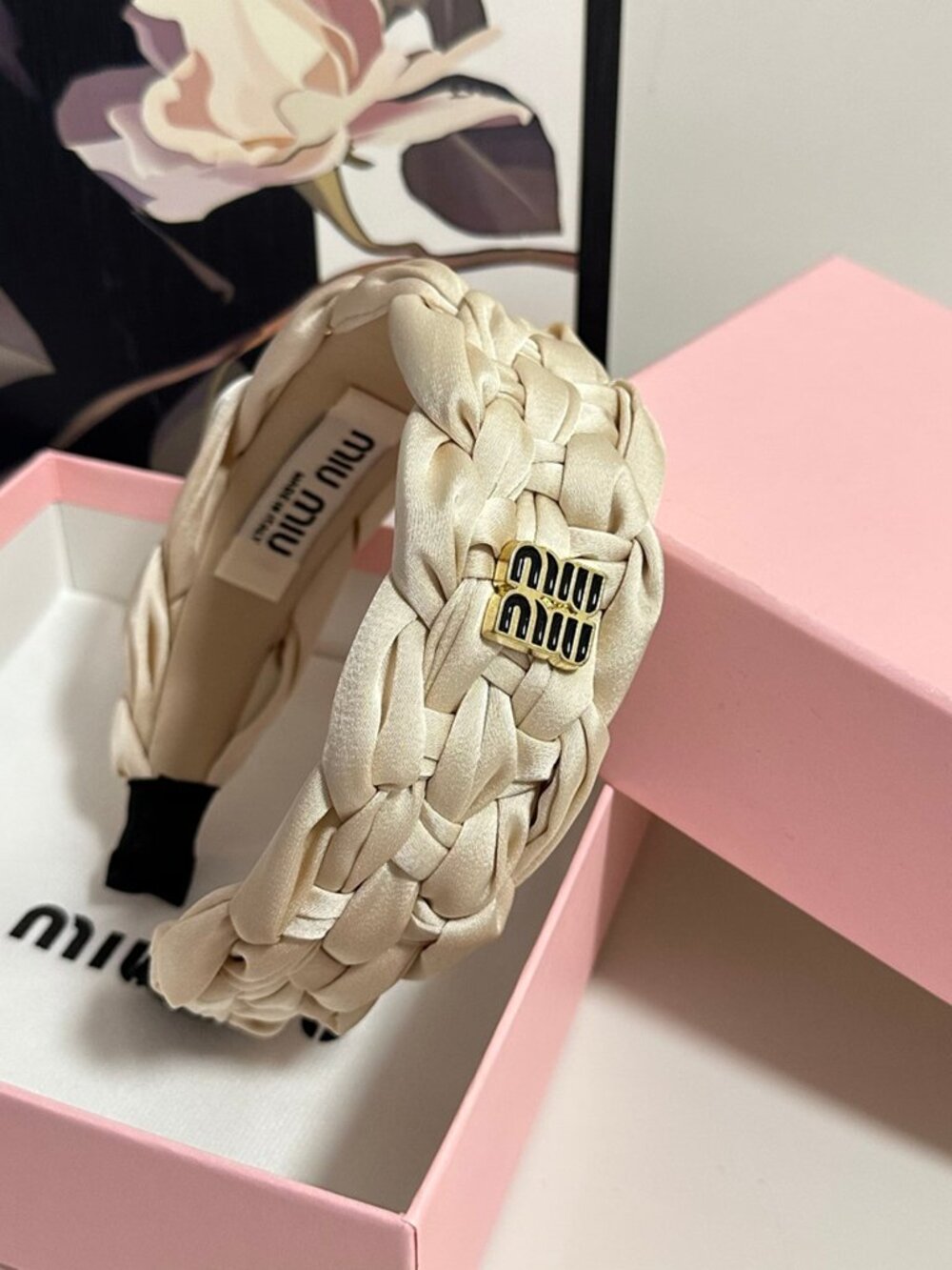 Miu Miu Cream Satin Braided Wide Headband Gold Black Enamel Square Logo Hair Ban